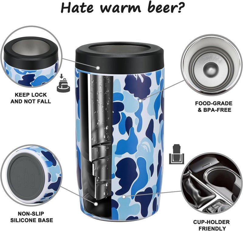 ITSLIFE 4-in-1 Slim Can Cooler Easy to Hold Insulated Beer Can Holder Double-walled Stainless Steel for All 12 Oz Cans (Camouflage Blue) - Image 4